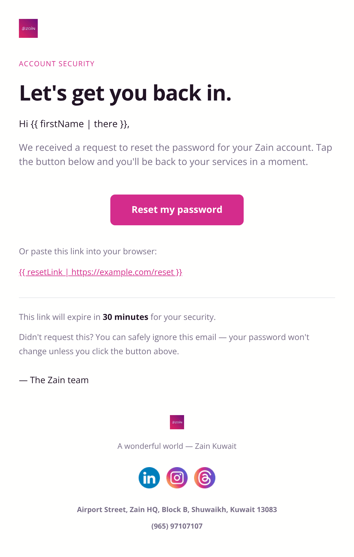 Password Reset email design