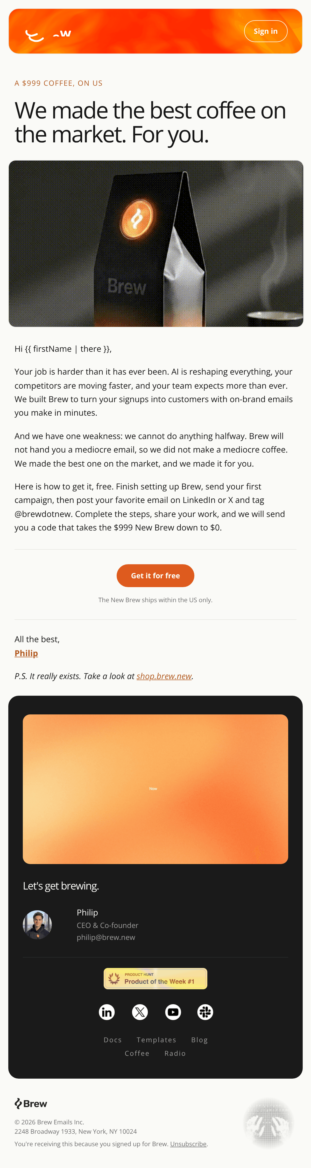 Create an email titled "Coffee's on us, let's talk" that inherits the reference email's header, dark Philip signature ca email design