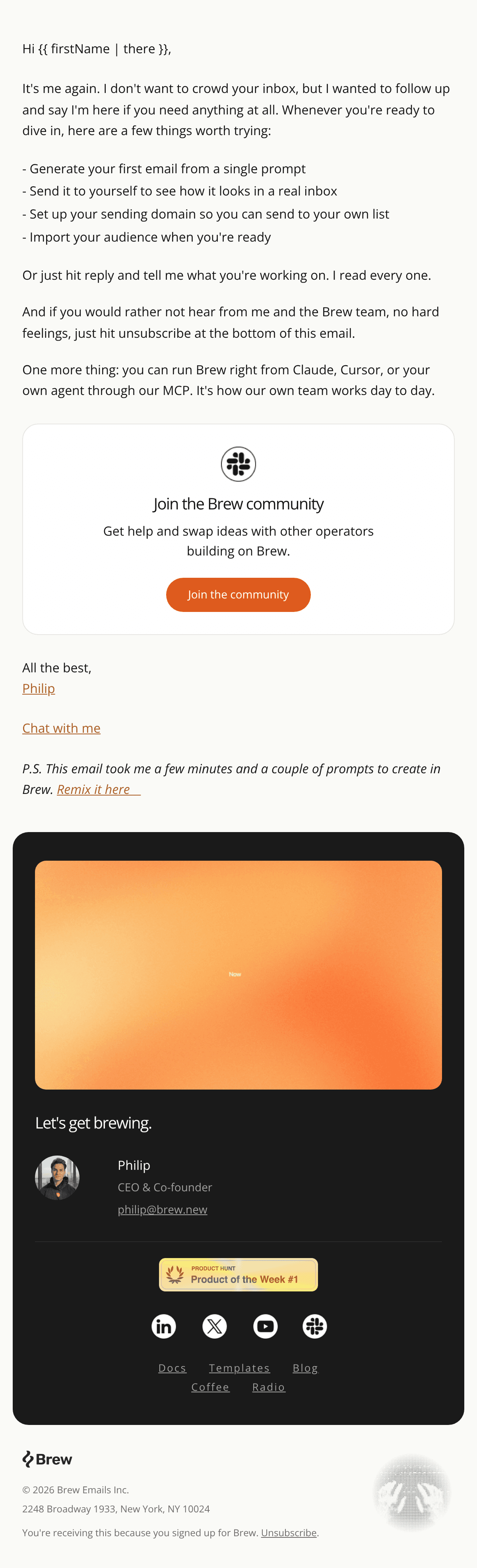Create a SHORT, PERSONAL, mostly PLAIN-TEXT email. It must look like the founder typed it himself from his phone, NOT a  email design